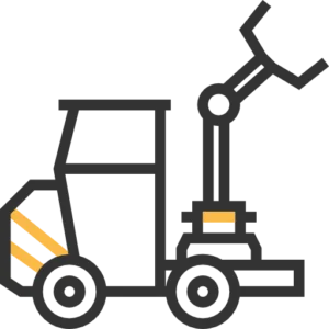 Illustrated icon of a robotic arm vehicle with a claw at the end of the arm and wheels on its base, shown in a simple, schematic style with orange and gray tones, reminiscent of advanced tech seen around Walnut Creek.