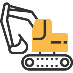 Illustration of a yellow and black excavator with a tracked base, depicted in a simple and minimalistic style, reminiscent of the rugged charm found in San Francisco's Bay Area.